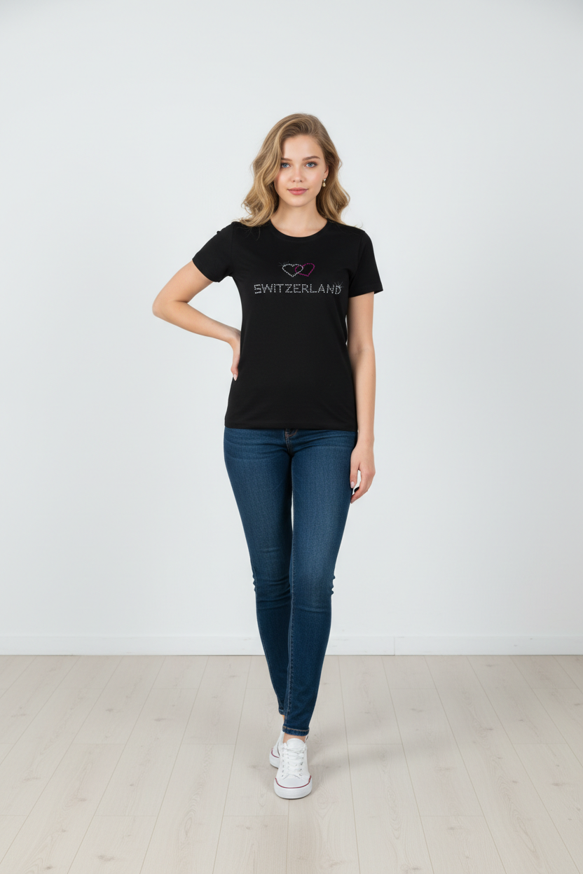 Women's T-shirt with rhinestone hearts