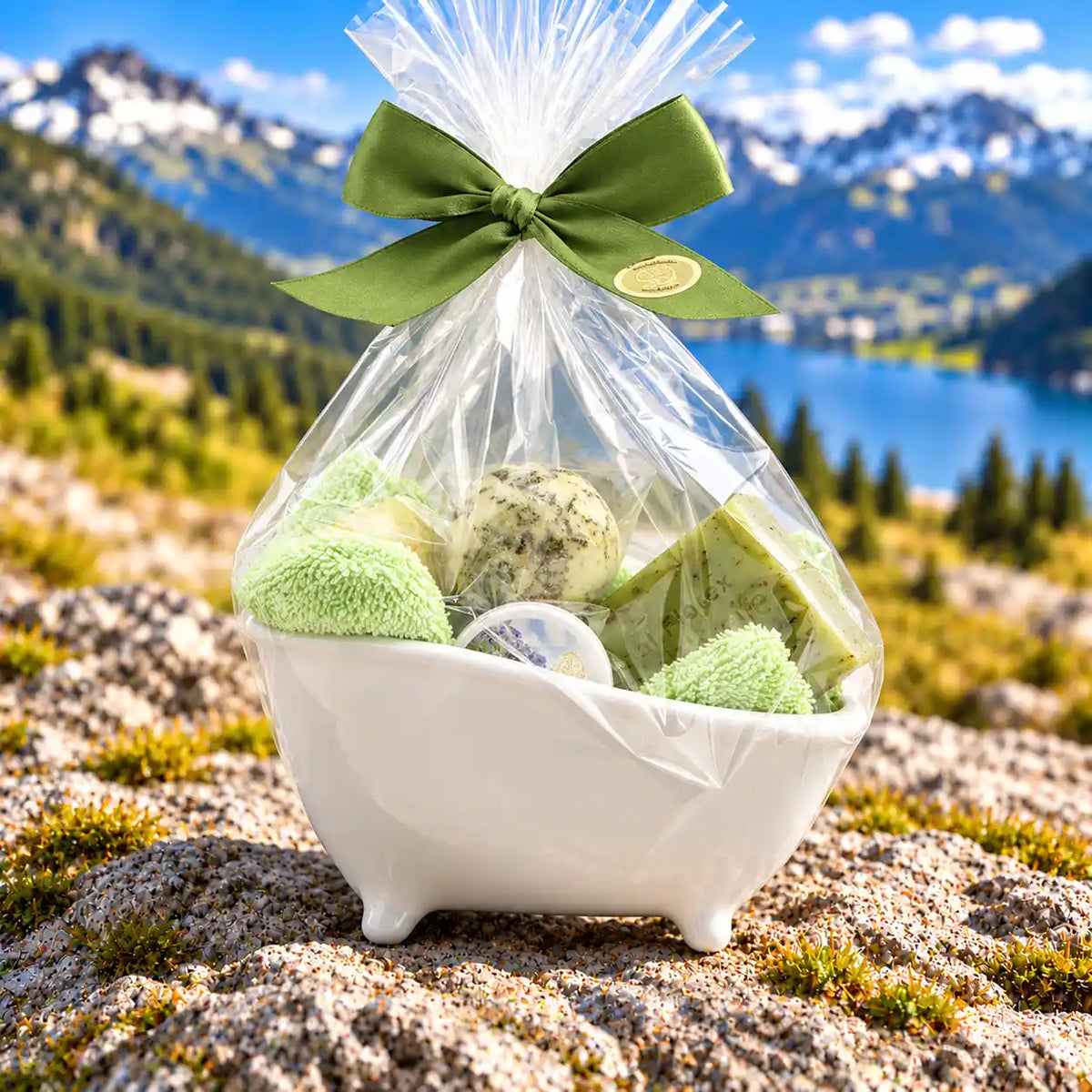 Alpenkräuter Geschenkset mit Badewannen-Motiv
