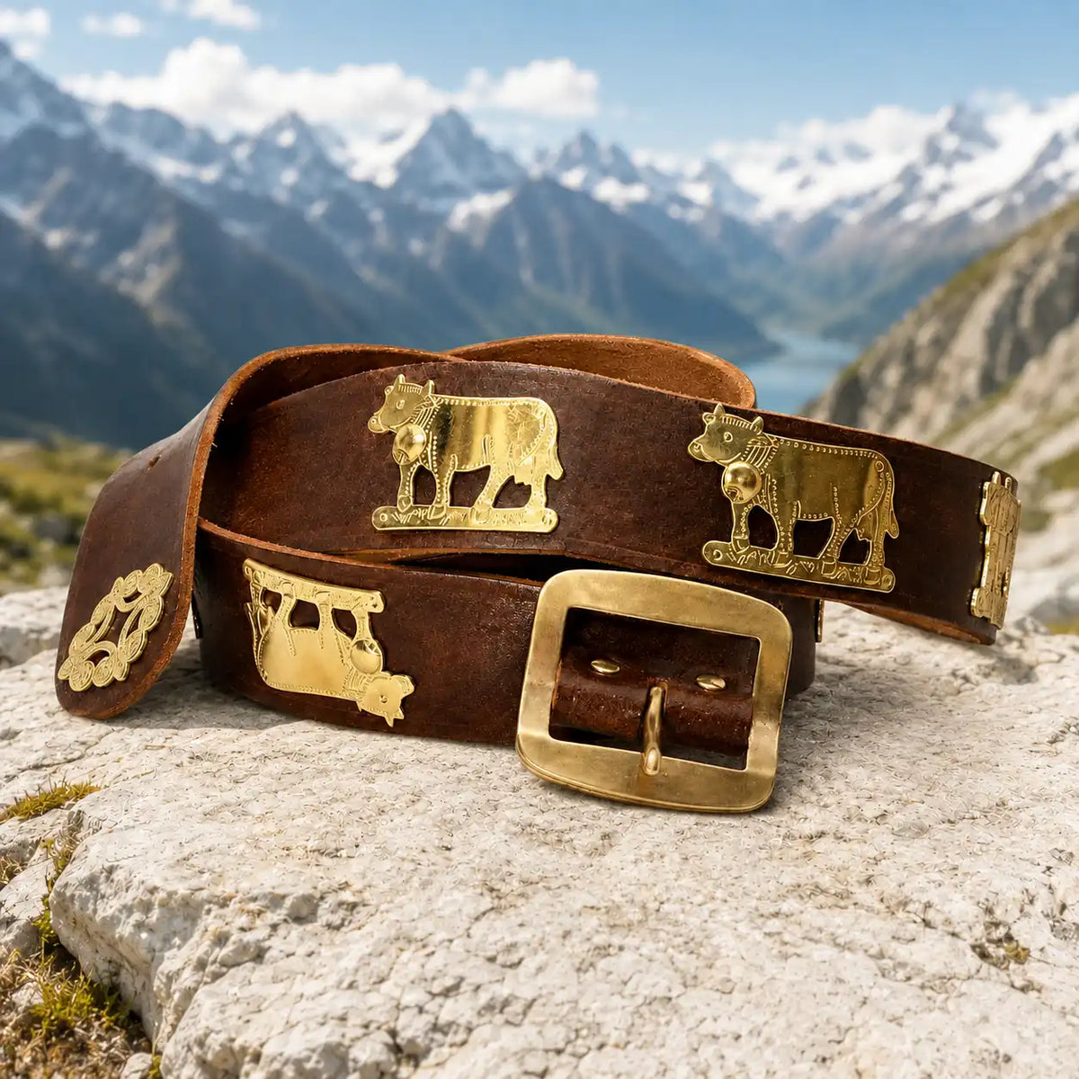 Appenzeller belt, vintage style, 4 cm wide, light brown with brass ornaments