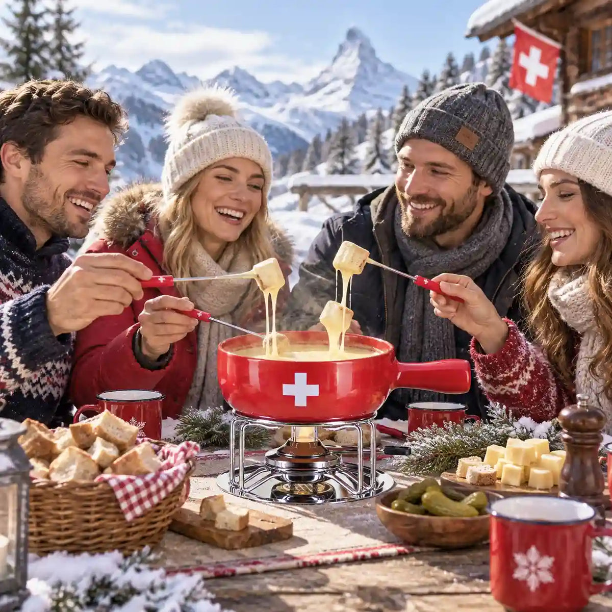 Service à fondue au fromage Croix suisse, 9 pièces, rouge