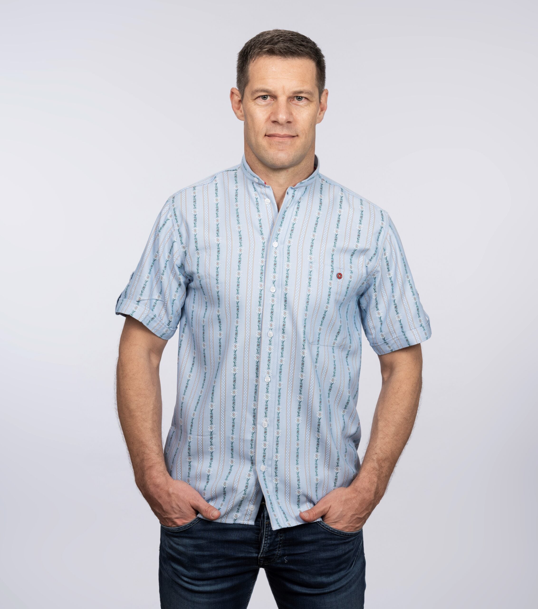 Men's Edelweiss summer shirt, short sleeve with stand-up collar PO, light blue