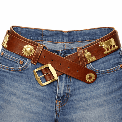 Appenzeller belt, vintage style, 4 cm wide, light brown with brass ornaments