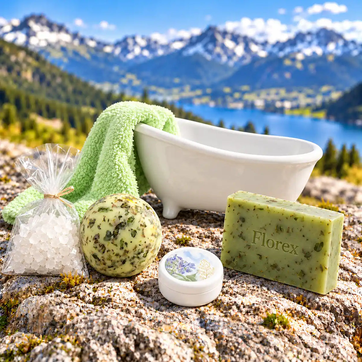 Alpenkräuter Geschenkset mit Badewannen-Motiv