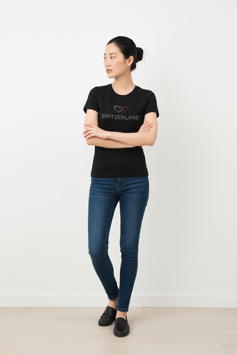 Women's T-shirt with rhinestone hearts