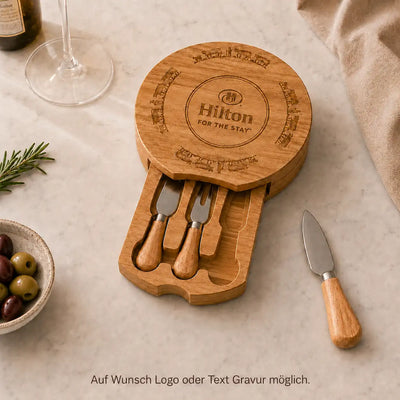 Wooden cheese board with 3 cheese knives, embossed