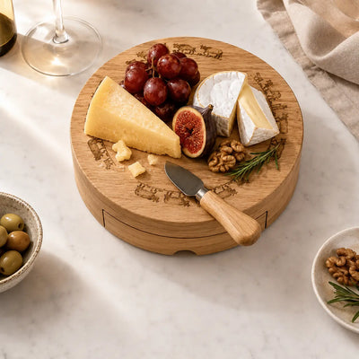Wooden cheese board with 3 cheese knives, embossed