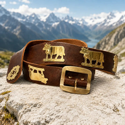 Appenzeller belt, vintage style, 4 cm wide, light brown with brass ornaments