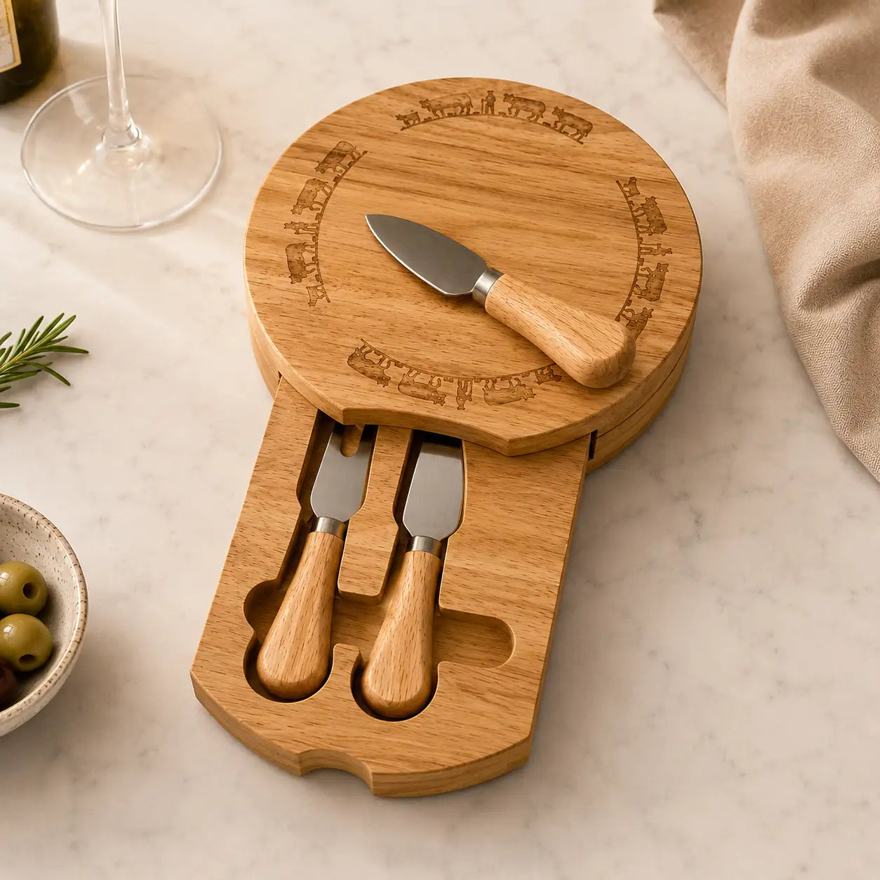 Wooden cheese board with 3 cheese knives, embossed