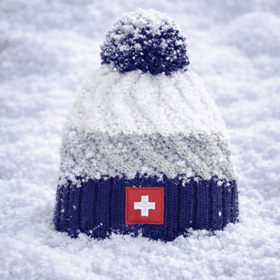 Wintermütze Schweizer Wappen, blau grau weiss