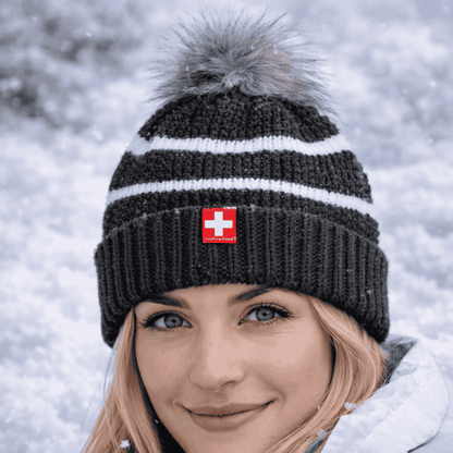 Damen Strickmütze mit weissen Streifen, anthrazit