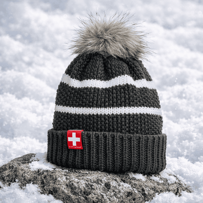 Damen Strickmütze mit weissen Streifen, anthrazit