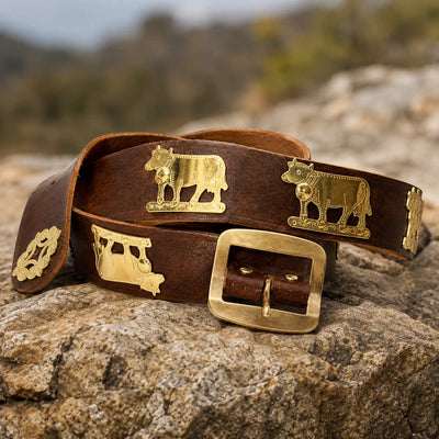 Appenzeller belt, vintage style, 4 cm wide, light brown with brass ornaments