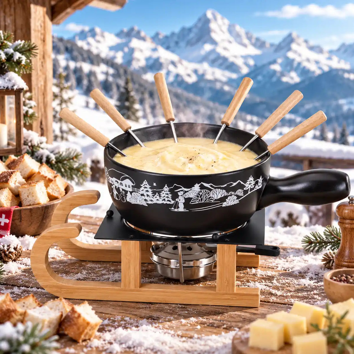Käsefondue-Set Schlitten "Wintersport" für 6 Personen